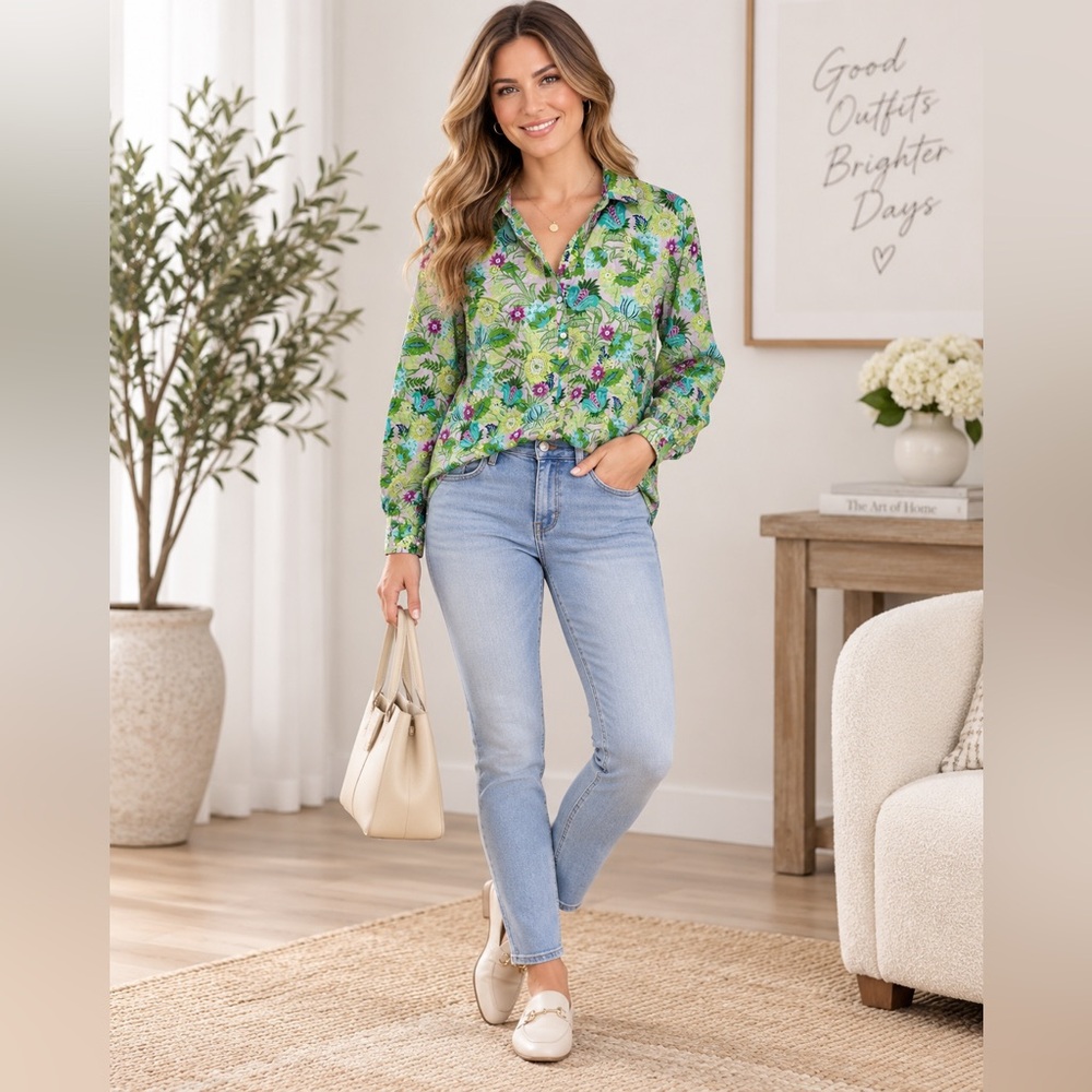 J. Jill cotton silk lightweight green Floral Button-Down Shirt size S